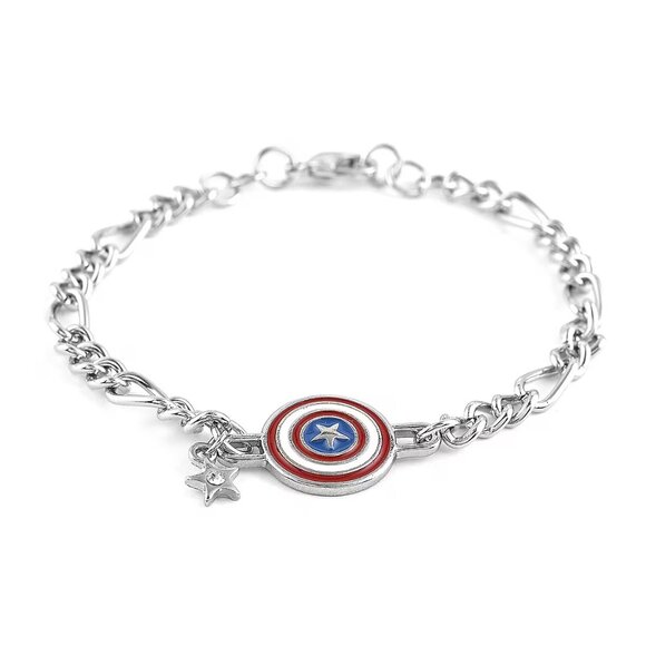 Captain America Figaro Shield Enameled Bracelet in Silvertone 7.5" - Picture 2 of 3